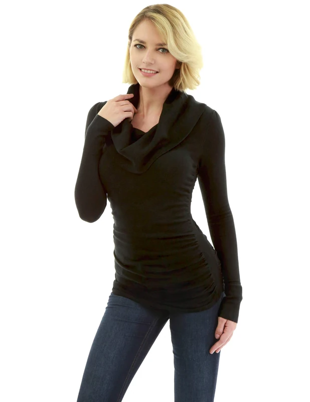 AmélieBoutik Women Cowl Neck Long Sleeve Ruched Sides Pullover Tunic Jumper (Black Large 14)