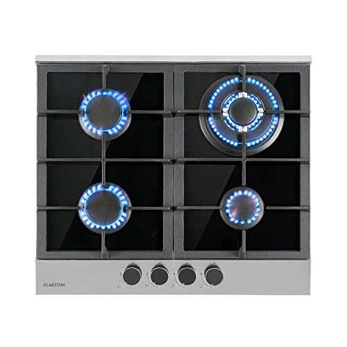 Klarstein Alchemist Glass Ceramic Hob, Aluminium Burner, Natural/Butane Gas, Stainless Steel, Automatic Shut-Off, Cast Iron Pot Holder, 4 Bulbs, Black