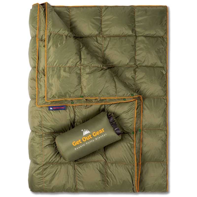 Get Out Gear Double Puffy Camping Blanket - Extra Puffy, Packable, Lightweight and Warm | Ideal for Outdoors, Travel, Stadium, Festivals, Beach, Hammock | Water-Resistant Camp Quilt (Olive/Orange)
