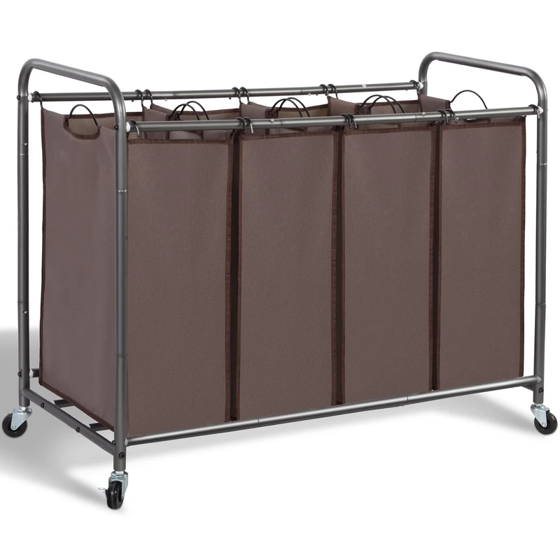 STORAGE MANIAC 4 Section Laundry Sorter, 4 Bag Laundry Hamper Cart with Heavy Duty Rolling Lockable Wheels and Removable Bags, Brown