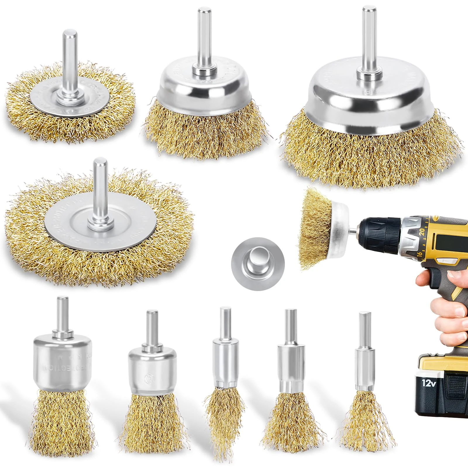 DazSpirit 9-Piece Wire Brush Set for Drills – Brass Coated Wire Brushes for Drills & Cup Brush, 1/4 Inch Shank Wire Wheel for Drill Attachment to Remove Rust, Corrosion, and Paint