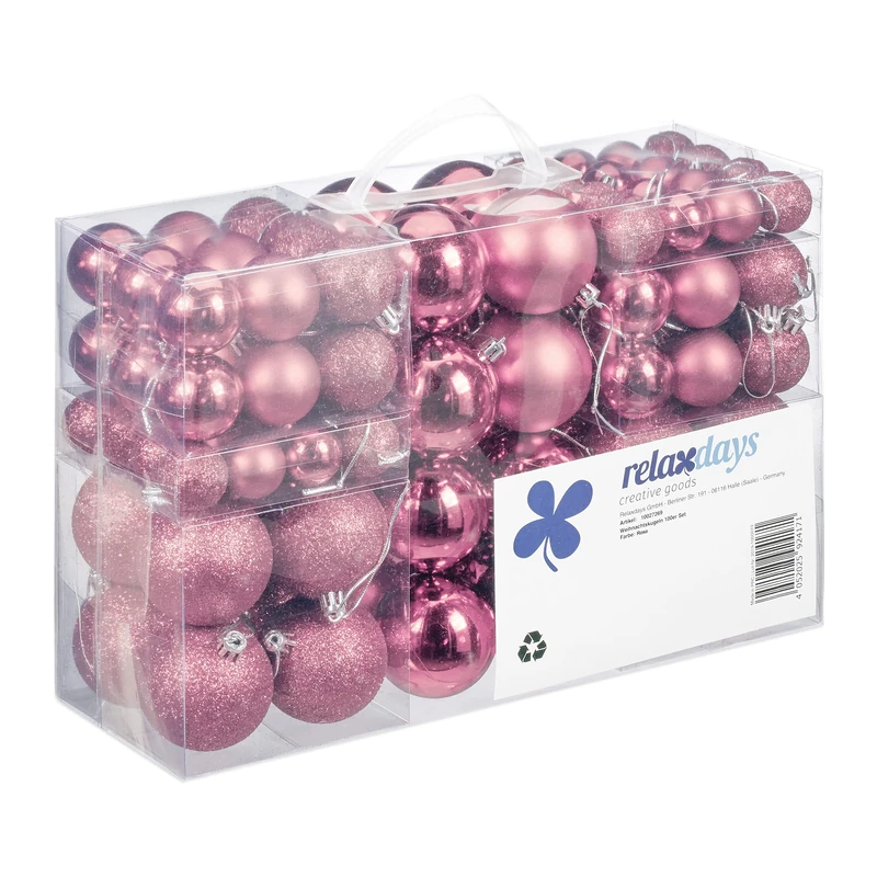 Relaxdays Christmas Baubles Set of 100, Festive Ornaments, Matt, Shiny, Glitter, Tree Balls ∅ 3, 4 & 6 cm, Pink