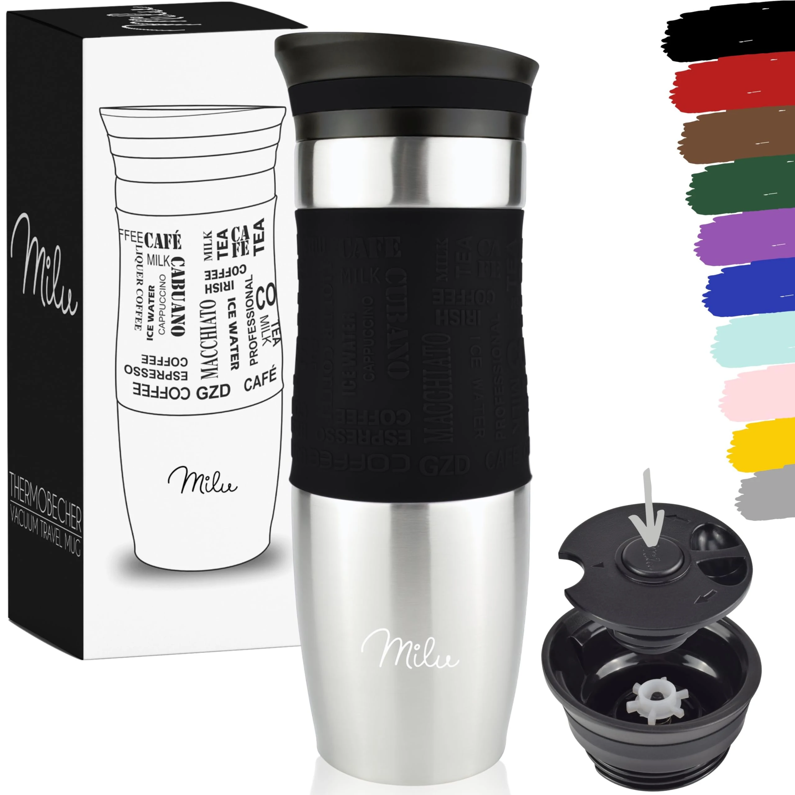 Milu Travel Mug 370ml 450ml - Insulated Coffee Cup to go - 100% Leak Proof - Stainless Steel Drinking Mug - Car Mug Double Wall Insulation Thermo Coffee Flask (Black, 450ml)