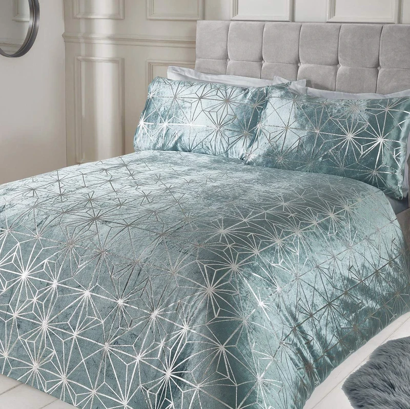 Sleepdown Geometric Duvet Cover with Pillow Cases Luxury Silver Shimmer Sparkle Velvet Bedding Set-Blue-Super King (220cm x 260cm), Polyester