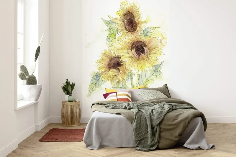 Komar X4-1008 Non-Woven Girasol Size: 200 x 250 cm 4 Panels, Width 50 cm Sunflower Wallpaper, Decoration Wall Mural, Wall Hanging, Design Wallpaper X4-1008 Photo Wallpaper Yellow Green