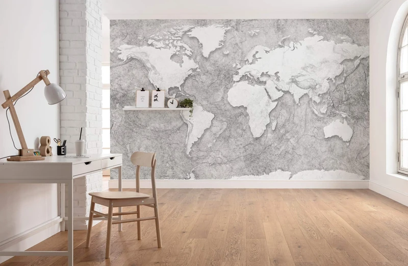 Komar X7-1007 Non-Woven World Relief Size: 350 x 250 cm 7 Panels Track Width 50 cm World Map Wallpaper Decoration Wall Mural Wall Covering Design Wallpaper X7-1007 Photo Wallpaper Black/White