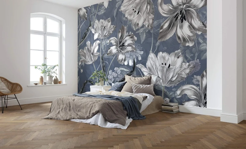 Komar X7-1041 Non-Woven Photo Wallpaper Merian Blue Size 350 x 250 cm 7 Strips Width 50 cm Flowers Floral Design Bedroom Wallpaper Decoration Wall Mural Wall Covering Design Wallpaper