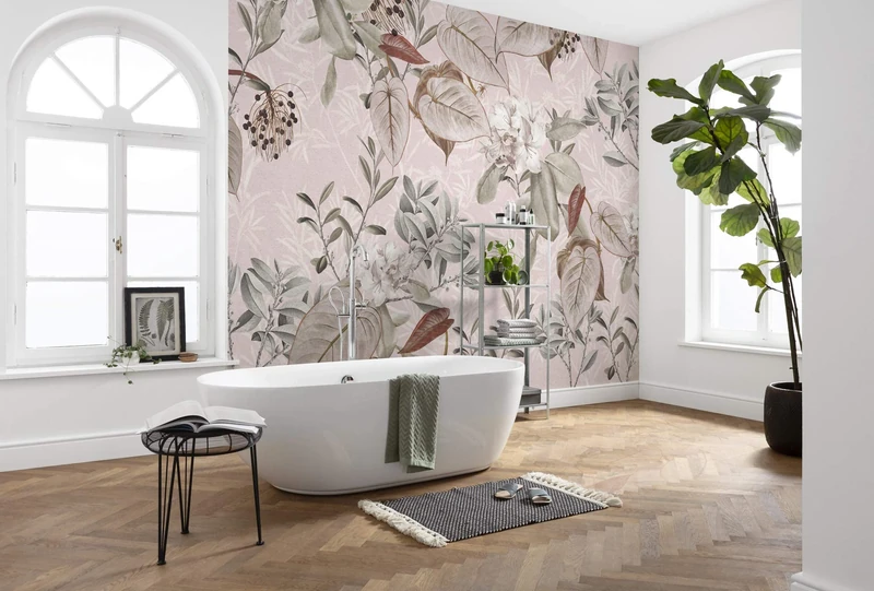 Komar X7-1043 Fleece Kalina 7 Panels, Width 50 cm, Flower Motif, Bedroom, Decoration, Wall Mural, Wall Covering, Design Wallpaper, Pink, Silver, Size: 350 x 250 cm