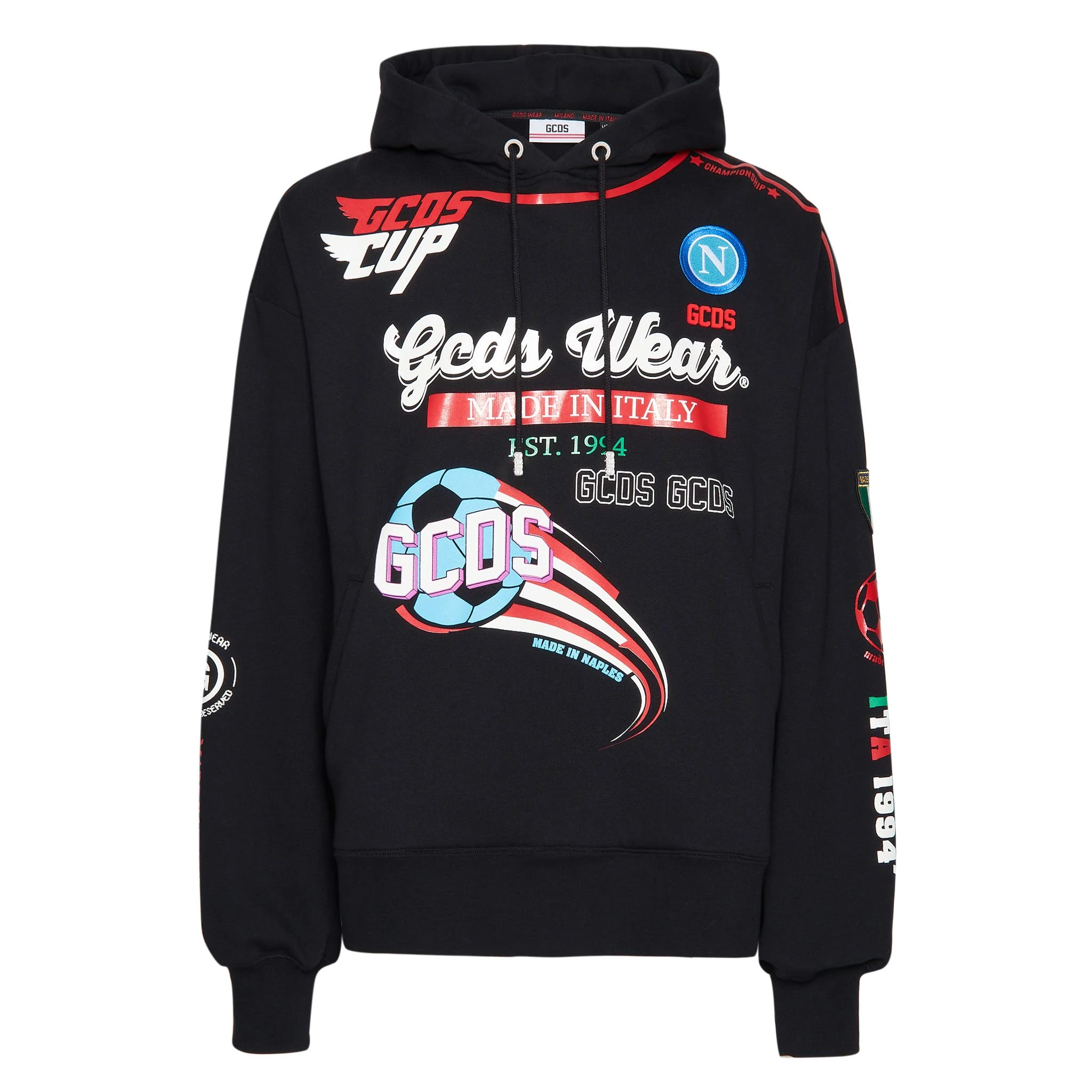 GCDS SSC Napoli X Hooded Sweatshirt, Nascar Hoodie Unisex Adult, unisex_adult, NA21M020002, Black, S