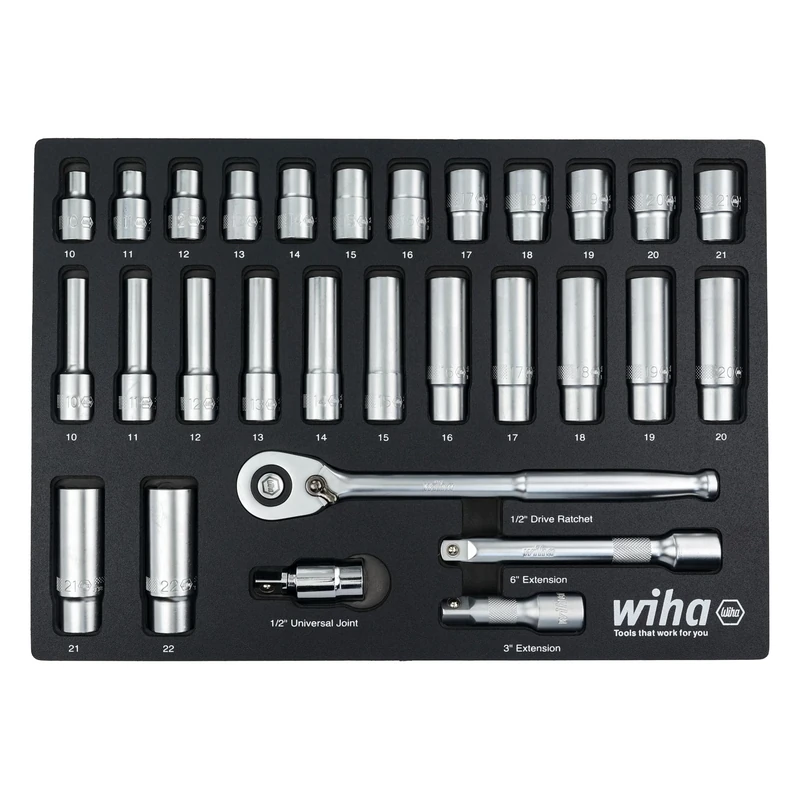 Wiha 29 Piece 1/2” Drive Standard and Deep Socket Tray Set
