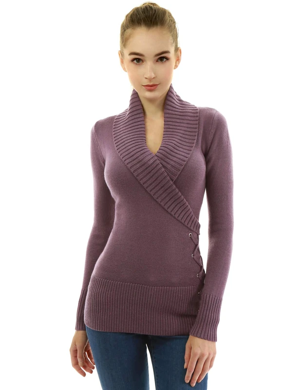 AmélieBoutik Women Shawl Collar Faux Wrap Lace Up Jumper - Purple - Small - Image 1