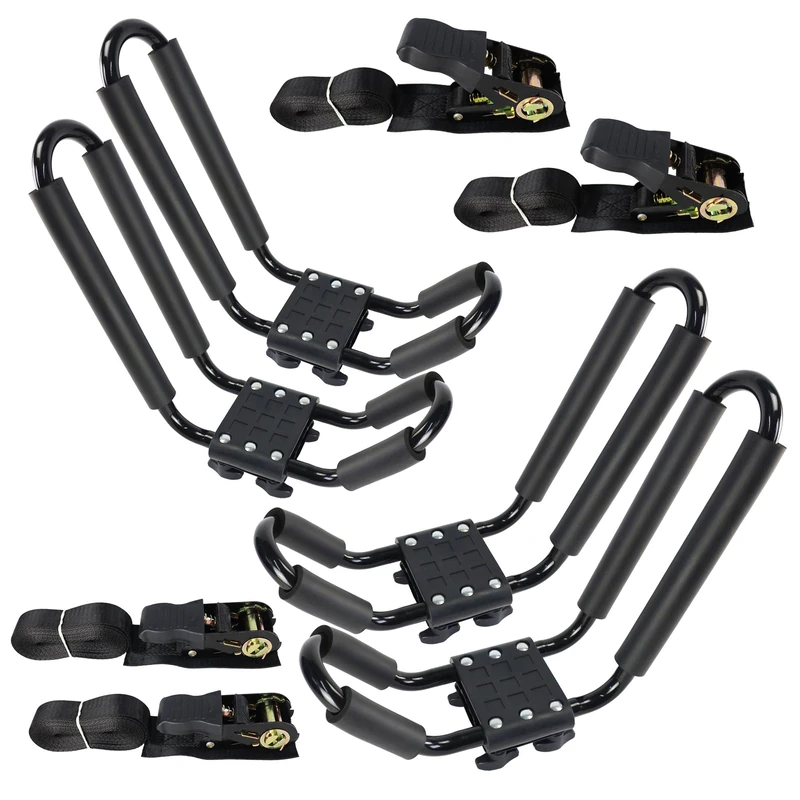 2 Pairs Kayak Rack J-Bar Car Roof Rack for Canoe Carrier SUP Paddle Surfboard Mount on Car SUV and Truck Crossbar， Includes 4 Pcs 8Ft Roof Rack Tie Down Cam Straps.