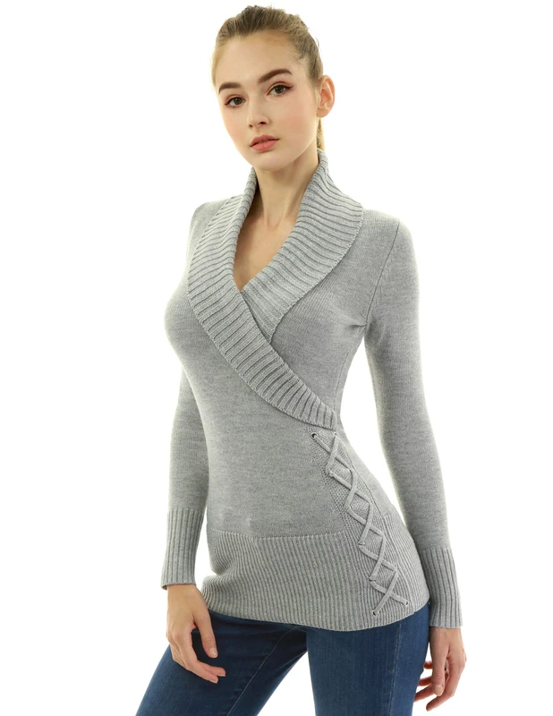 AmélieBoutik Women Slim Fit Sexy Casual Shawl Collar Faux Wrap Lace Up Long Sleeve Sweater, Light Gray, Small