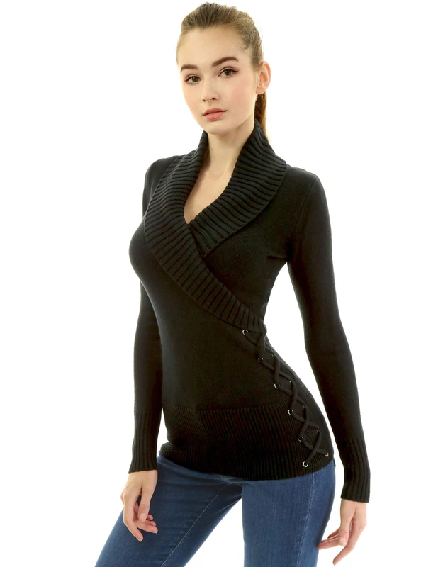 AmélieBoutik Women Shawl Collar Faux Wrap Lace Up Jumper - Black - Small