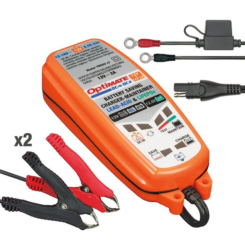 OptiMate DC-DUO 12V Battery Charger and Maintainer - Automatic 6 Steps 2A for Lead-Acid and LiFePO4 12V Batteries - No Mains Required