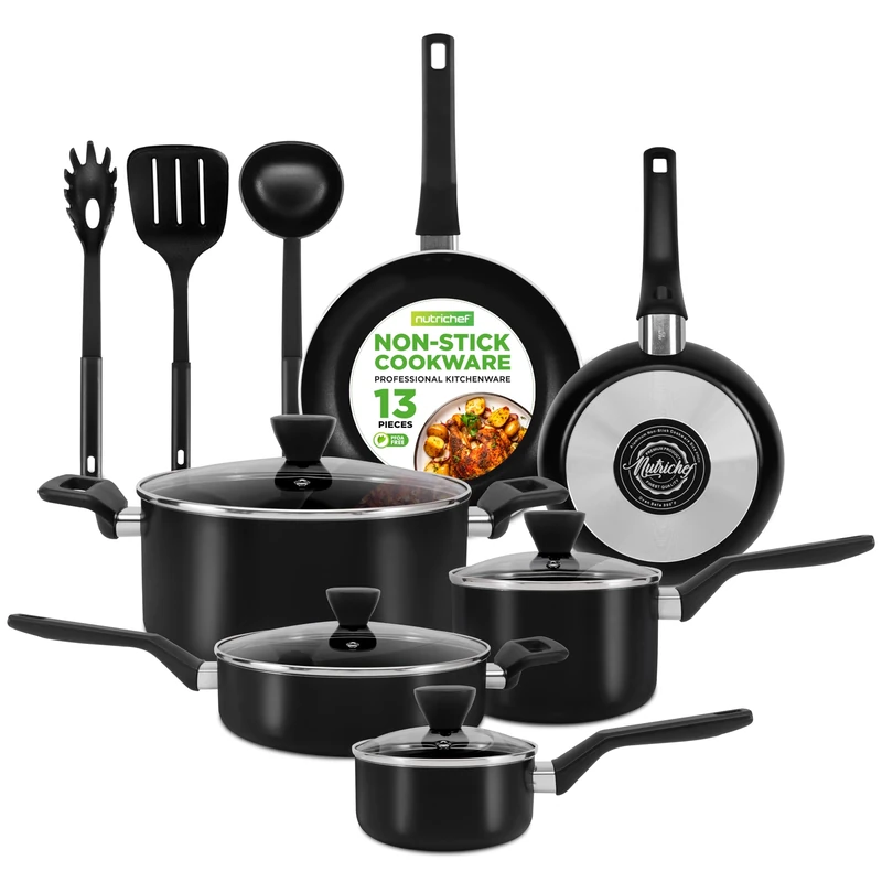 NutriChef 13-Piece Pot and Pan Set Non-stick, Kitchen Cookware Set , w/ Saucepan, Frying Pans, Cooking Pots, Casserole, Lids, Ladle, Fork, Strainer, Heat Resistant, PFOA Free, Black
