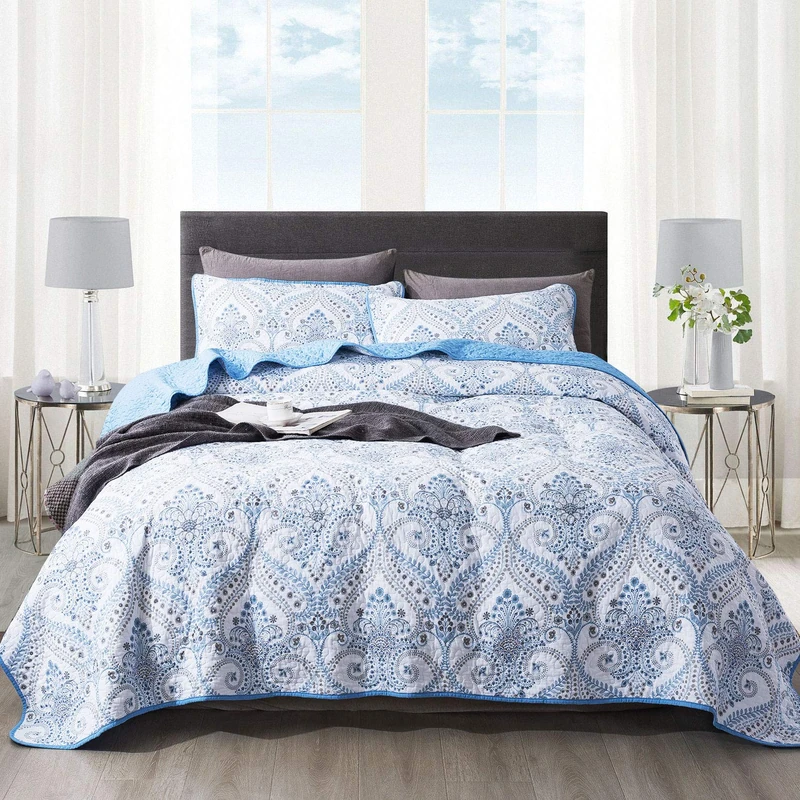 NEWLAKE Cotton Bedspread Quilt Sets-Reversible Patchwork Coverlet Set, Blue Classic Royal Pattern, King Size