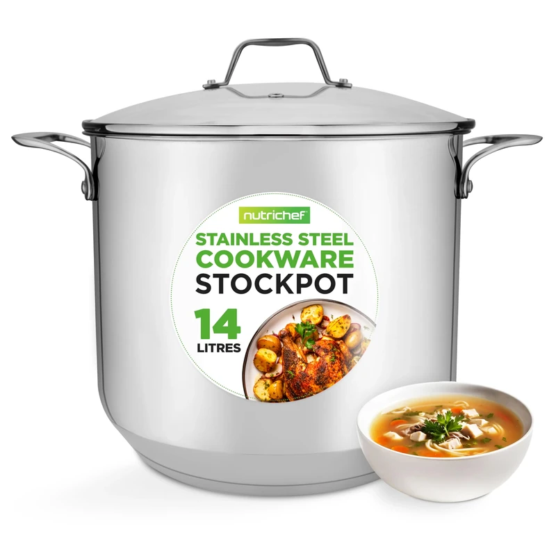 NutriChef Large Stainless Steel Stock Pot with Lid - Big Soup Pot, Heavy Cooking Pot with Glass Lid - Stew Pot, Cookware Induction Pot, Mirror Finish Stockpot, Deep Casserole Pot, 15-Qt/14.2 Litre