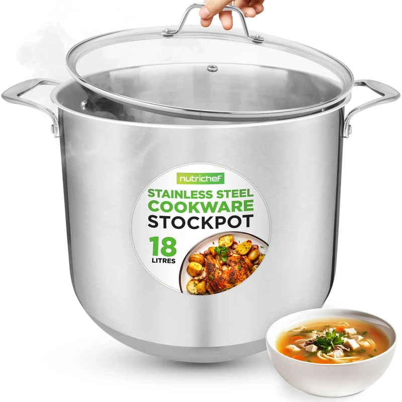 NutriChef Stainless Steel Stock Pot 19L, 18/8 Food Grade Heavy Duty Large Induction Pot with Lid, Soup, Stew, Boiling, Cooking Pot, Durable Kitchen Cookware