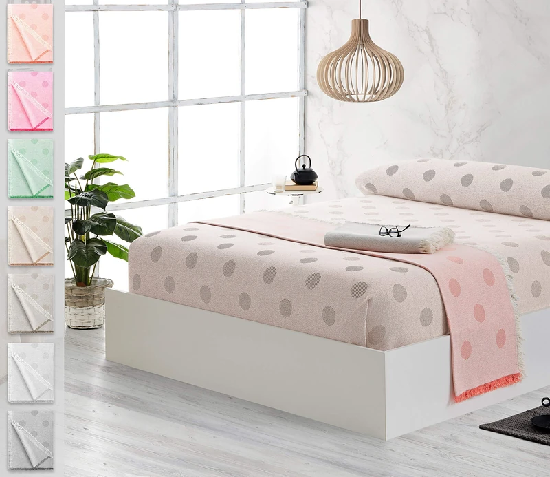 Vipalia 2 Pack Multipurpose Bedspread for Sofa Throw for Bed Reversible Comfortable Eco-Friendly Cotton Polka Dot Beige 180 x 260 cm