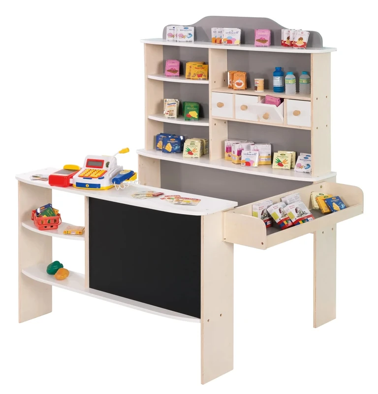 roba Shops with Accessories, Natural, White/Grey, 4 Drawers, Clock, Blackboard, Counter & Side Counter