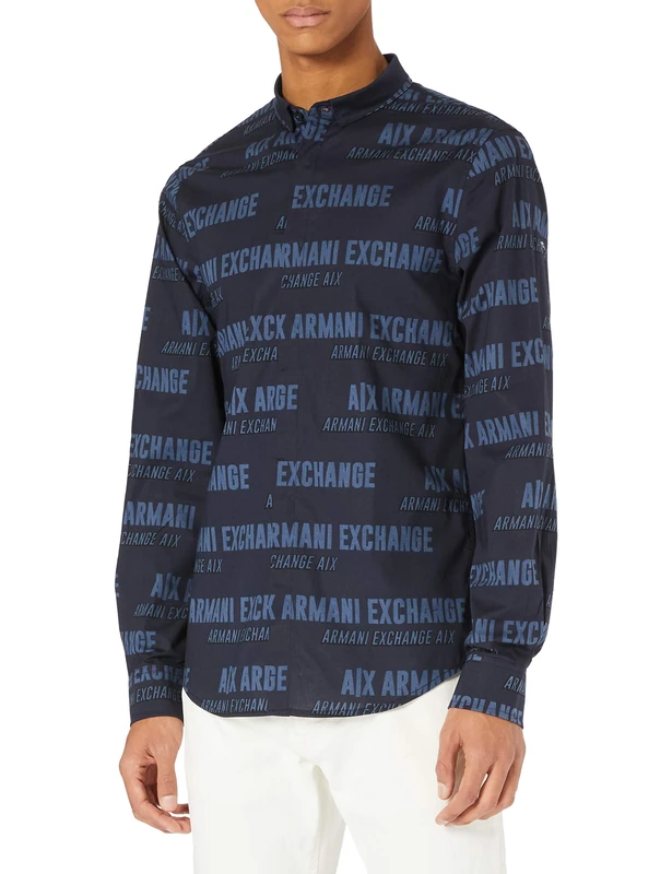 Armani Exchange Men's Stretch Cotton Poplin Big Bold Logo Shirt, Navy Big Bold Logo, S