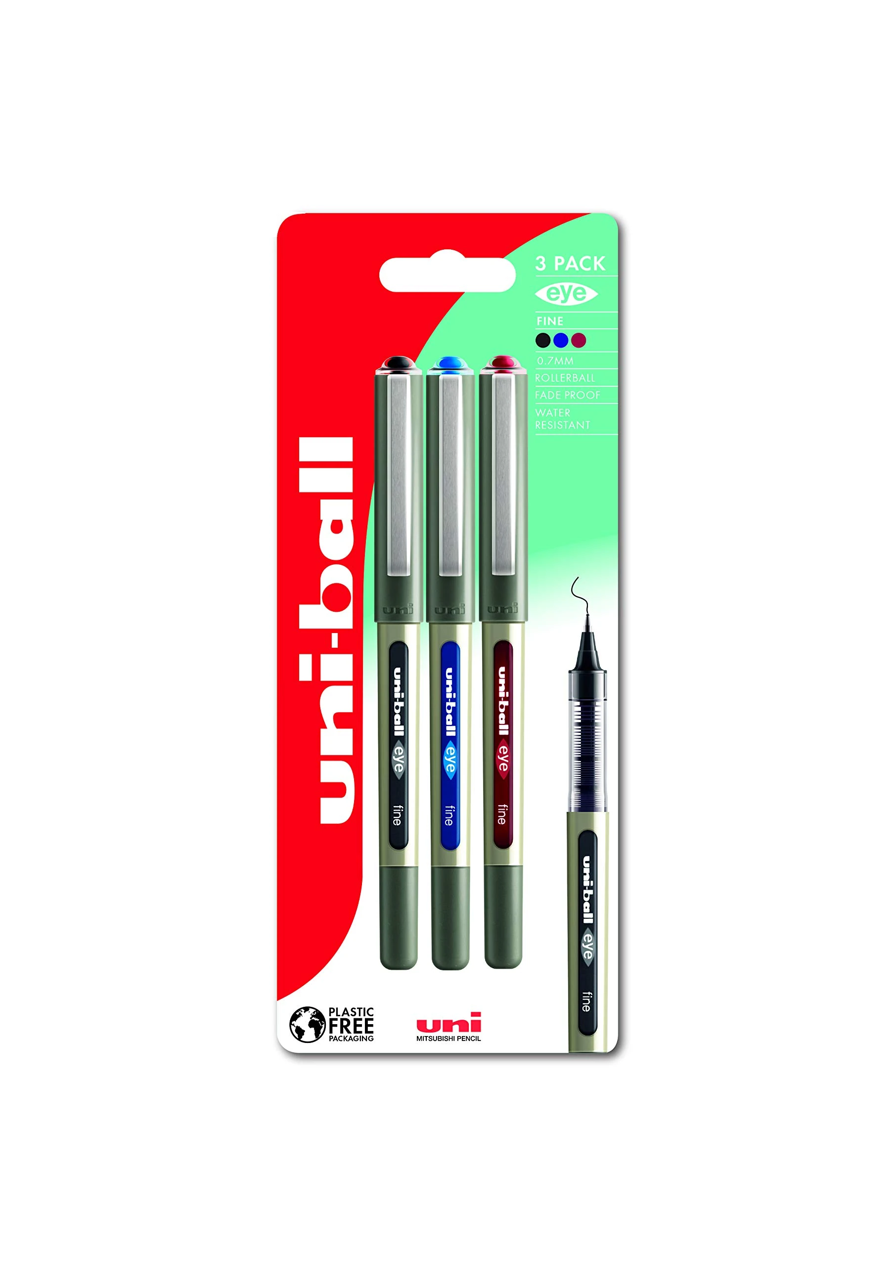 uni-ball UB-157 Eye Rollerball Pens. Premium Fine 0.7mm Ballpoint Tip for Super Smooth Handwriting, Drawing, Art, Crafts and Colouring. Fade and Water Resistant Liquid Uni Super Ink. 3 Pack Assorted