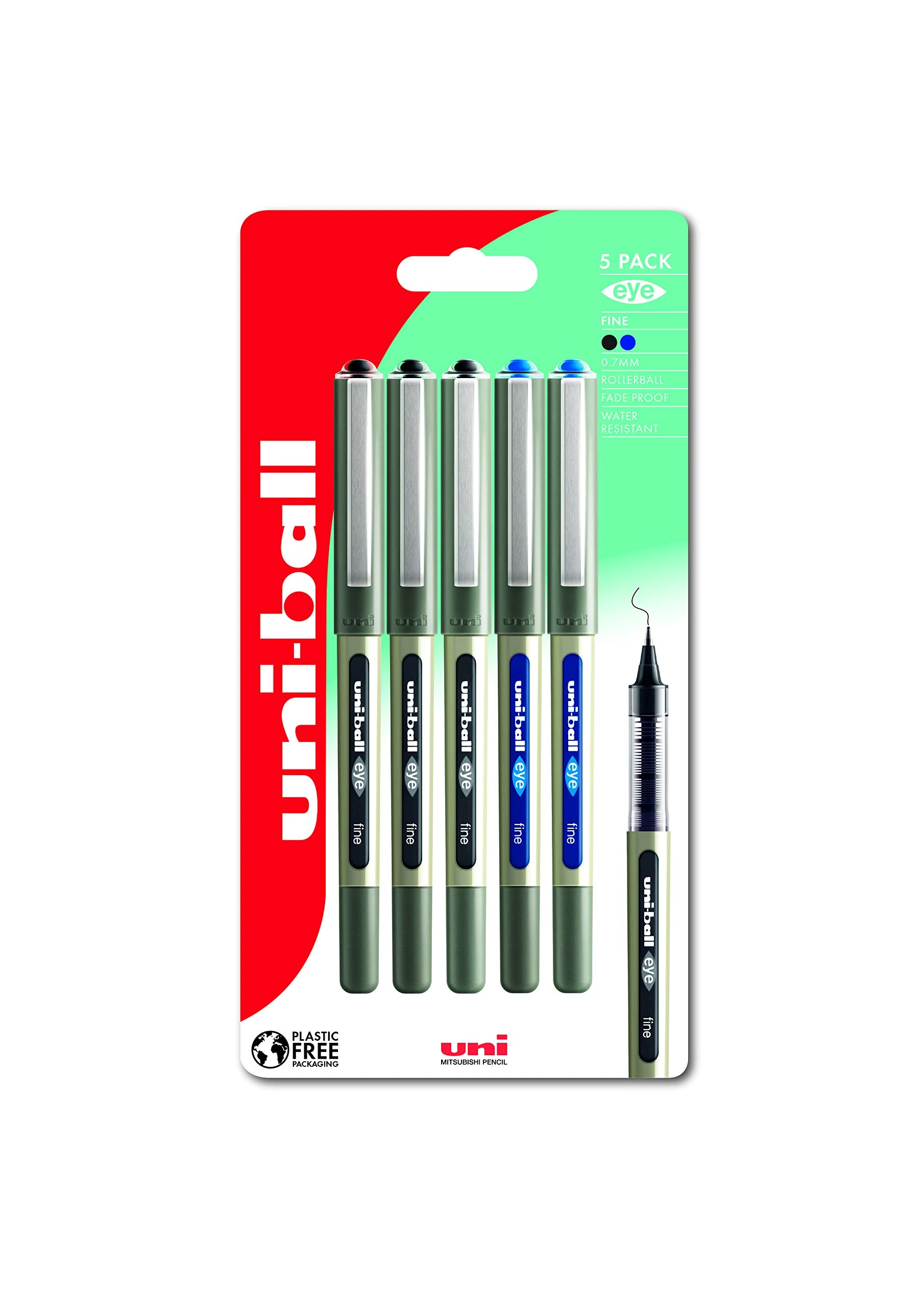 uni-ball UB-157 Eye Rollerball Pens. Premium Fine 0.7mm Ballpoint Tip for Super Smooth Handwriting, Drawing, Art, Crafts and Colouring. Fade and Water Resistant Liquid Uni Super Ink. 5 Pack Black/Blue