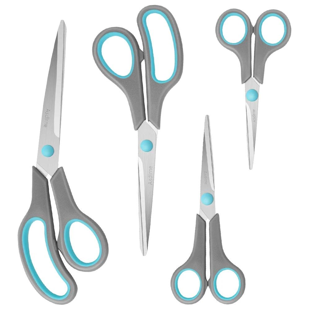 Asdirne Scissors, Stainless Steel Blades, Soft Grip Handle, Suitable for Households,Offices and Schools, Blue/Grey, 4 pcs/Pack
