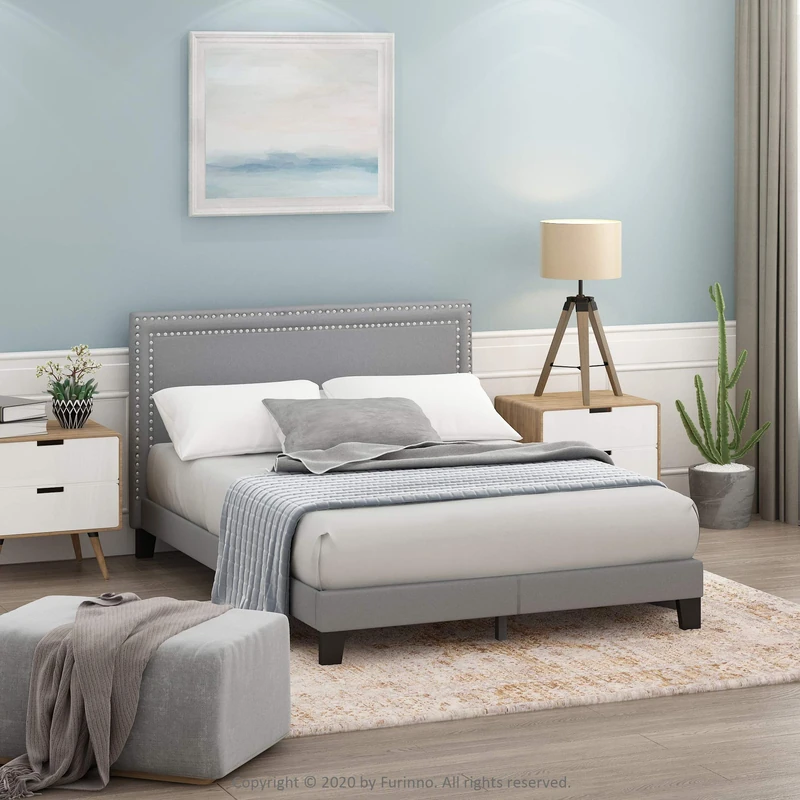 Furinno LAVAL Bed Frame, UK Double Size Bedframe with Double Row Nail Head Headboard, Upholstered Bed with Legs, 12pcs Wooden Slat Support, Easy Assembly, for Bedroom, Dorm, Glacier