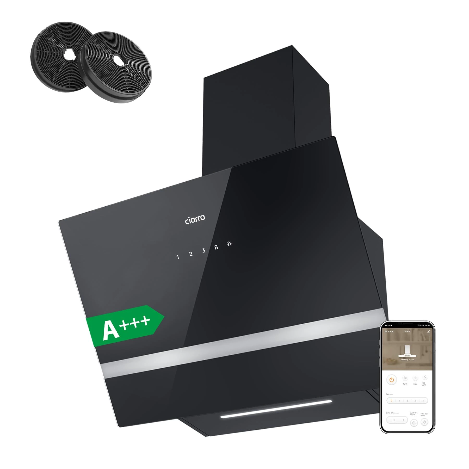 CIARRA CBCB6736H Angled Cooker Hood 60cm WIFI APP Touch Control Chimney Wall Mount Hood with LED Lights 4- Speed Ducted&Ductless Kitchen Extractor Fan 650m³/h Black with CBCF003 Carbon Filters