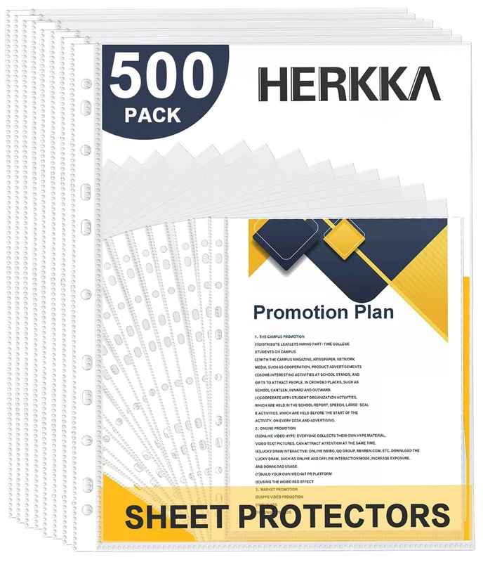 Sheet Protectors, HERKKA 500 Pack Upgrade Clear Plastic Page Protectors Sheet Reinforced 11-Hole Fit for 3 Ring Binder Fits Standard 8.5 x 11 Paper, 9.25 x 11.25 Top Loaded, Acid Free