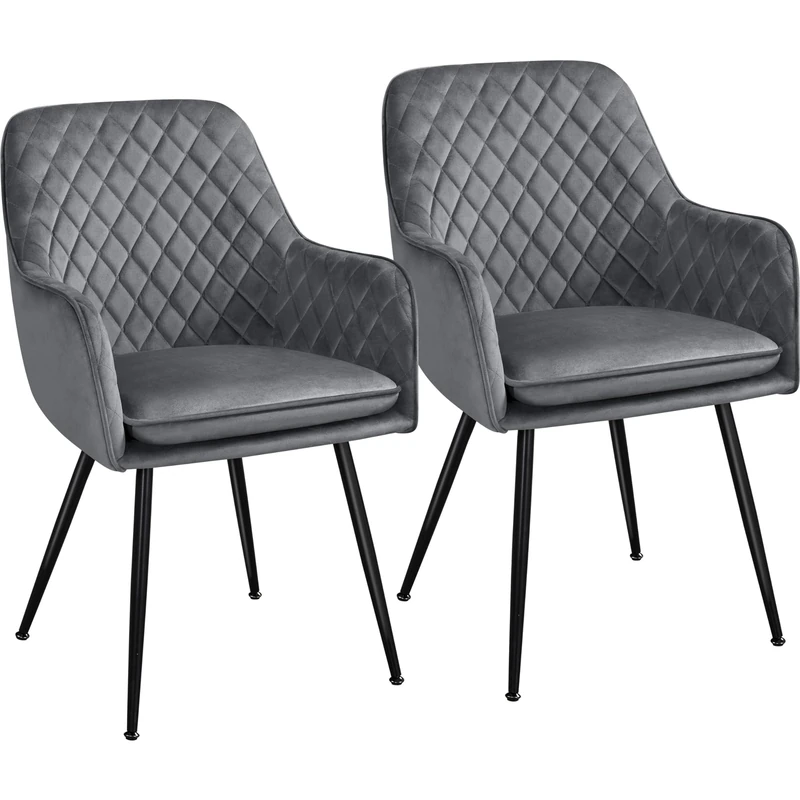 Yaheetech Dining Chairs Set of 2 Kitchen Chairs Velvet Upholstered Armchair Stylish Accent Chairs with Metal Legs Padded Seat for Dining Room, Living Room, Kitchen, Lounge, Grey