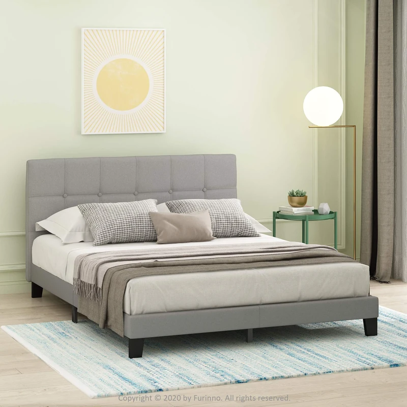 Furinno LAVAL Bed Frame, UK King Size Bedframe with Button Tufted Headboard, Upholstered Bed with Legs, 12pcs Wooden Slat Support, Easy Assembly, for Bedroom, Dorm, Glacier - Image 1