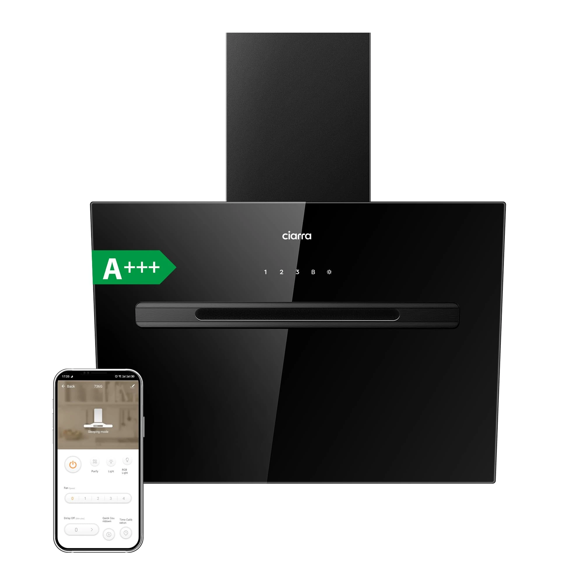 CIARRA CBCB6736G A+++ Extractor Hood 60 cm – WIFI Inclined Cooker Hood 700 m³/h – 4 Speeds – Booster Function – WiFi + APP Control – LED Lighting – Black