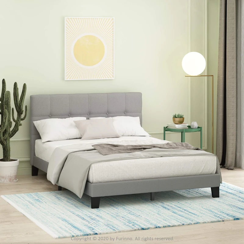 Furinno LAVAL Bed Frame, UK Double Size Bedframe with Button Tufted Headboard, Upholstered Bed with Legs, 12pcs Wooden Slat Support, Easy Assembly, for Bedroom, Dorm, Glacier