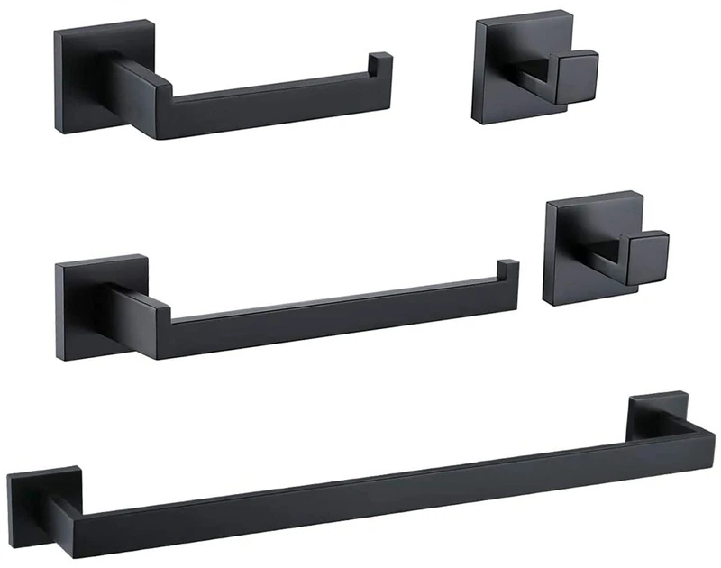 Ralbay Bath Towel Bar, Premium Stainless Steel 5 Pieces Bathroom Hardware Accessories Set Wall Mounted Towel Bar Set, Matte Black