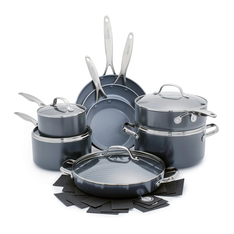 GreenPan Valencia Pro Hard Anodised Healthy Cearmic Non-Stick 16-Piece Cookware Set, Pots and Pan Set, Includes Frying Pans, Sauté, Sauce, Grill Pan, PFAS-Free, Induction, Oven Safe, Grey