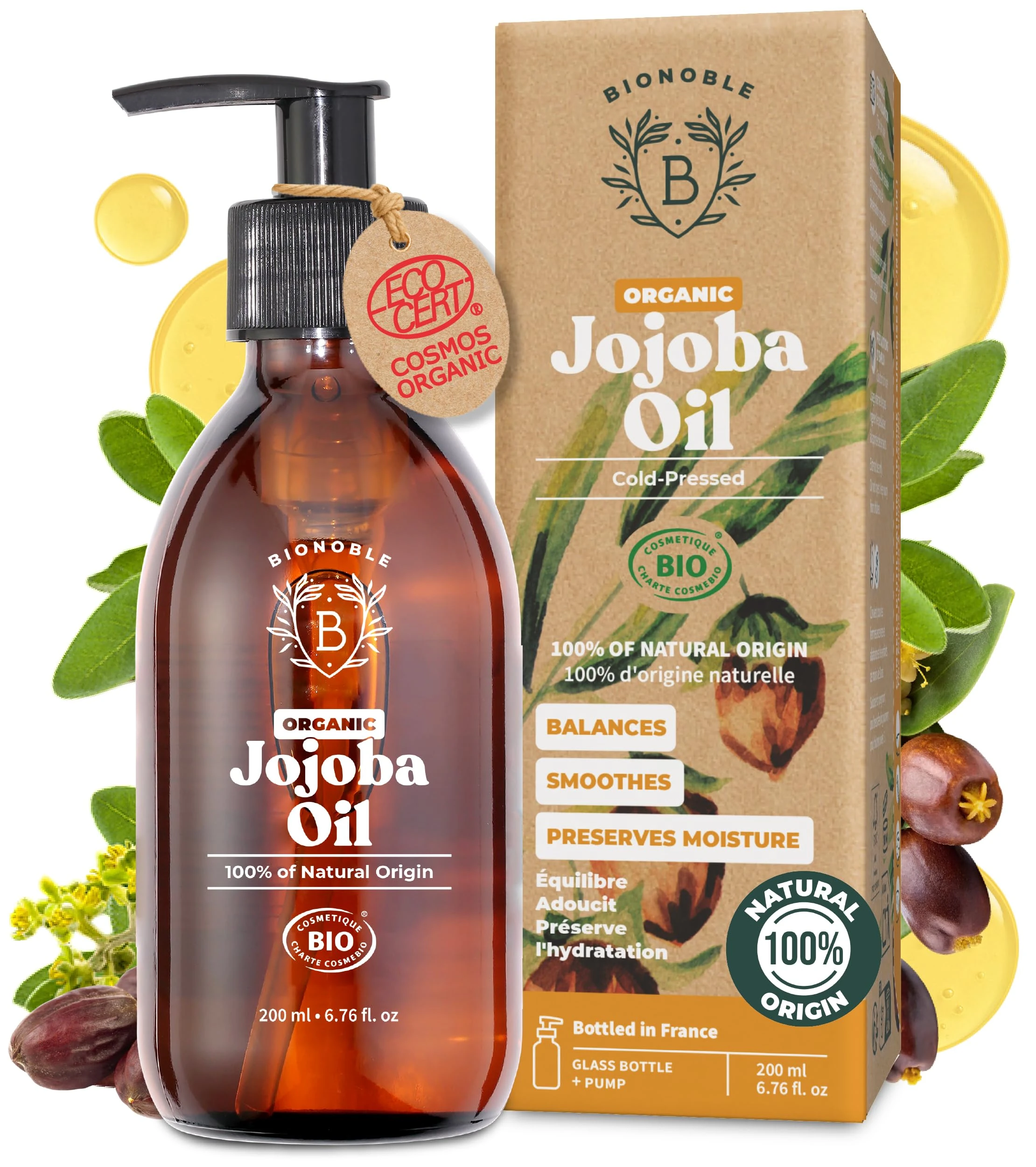 BIONOBLE Organic Jojoba Oil Cold Pressed Unrefined - Balances Sebum, Smoothes, Anti-Acne - 100% Pure Jojoba Oil for Skin, Face, Hair, Body - Vegan, Hexane Free - Glass Bottle and Pump - 200ml