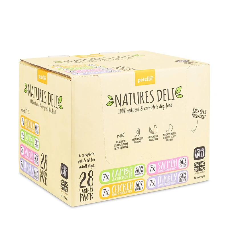 Natures Deli Adult Wet Dog Food Trays, Natural Complete Wet Food for Dogs Variety Pack, Chicken, Lamb, Salmon and Turkey, 28 x 400g