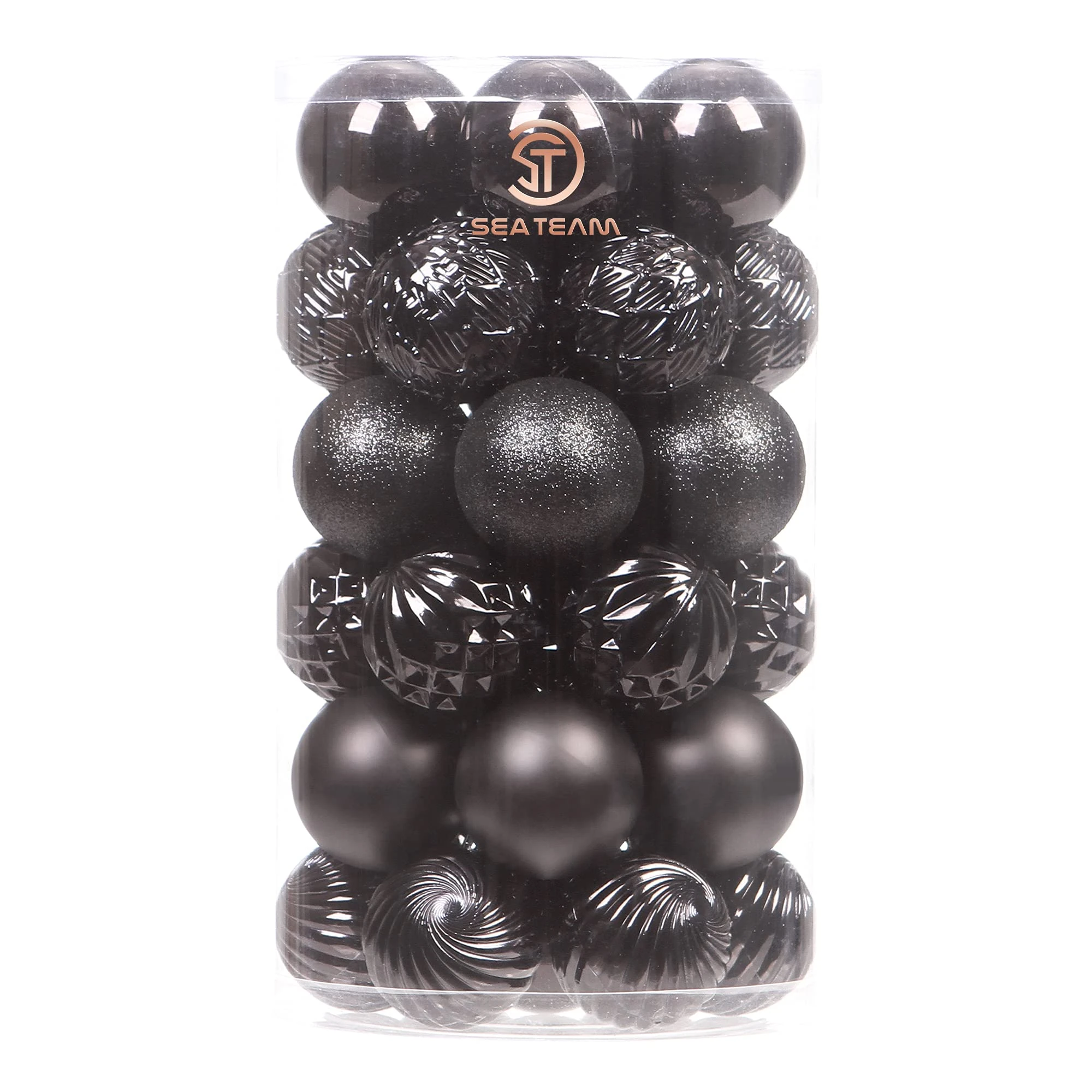 Sea Team 41-Pack Christmas Ball Ornaments with Strings, 60mm/2.36" Medium Size Baubles, Shatterproof Plastic Christmas Bulbs, Hanging Decorations for Xmas Tree, Holiday, Wedding, Party, Black