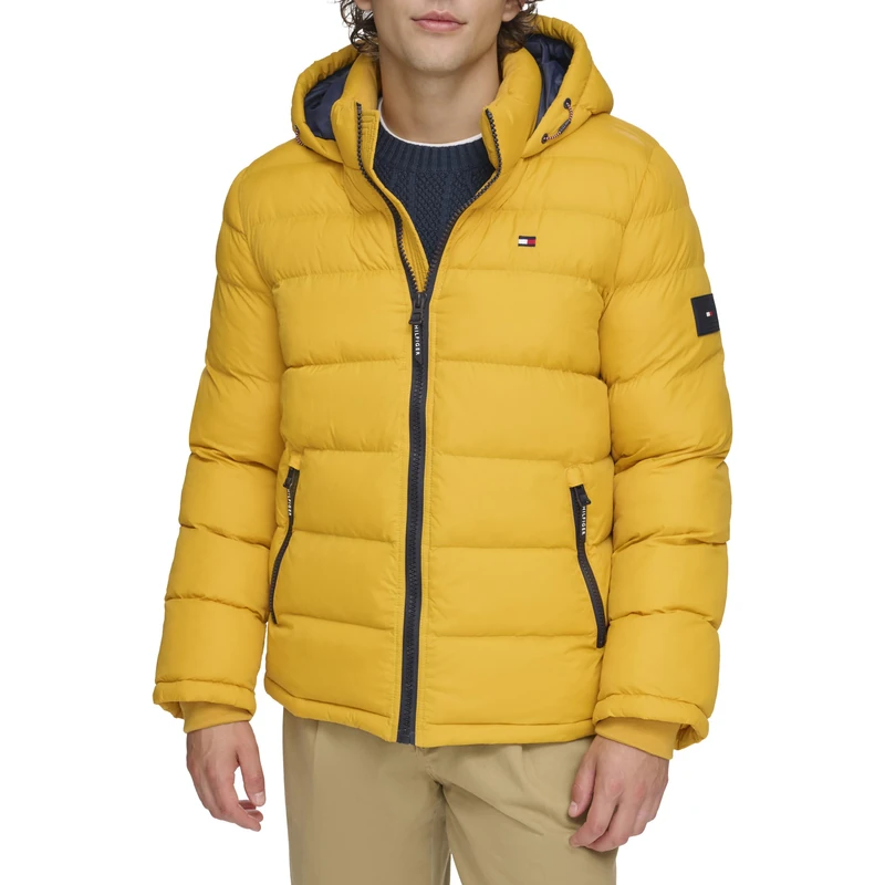 Tommy Hilfiger Men's Legacy Hooded Puffer Jacket Down Alternative Coat, Yellow, XL - Image 1