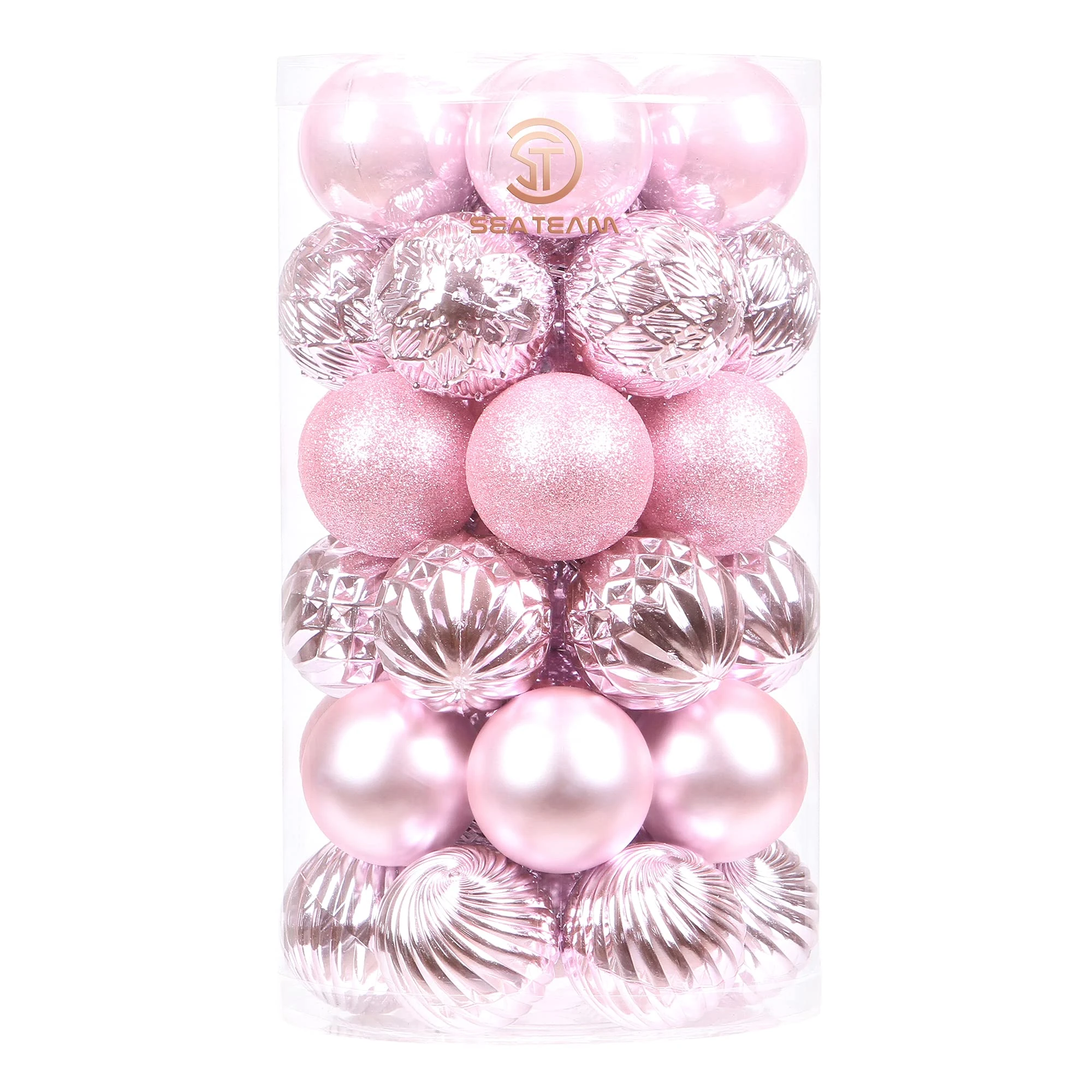 Sea Team 41-Pack Christmas Ball Ornaments with Strings, 60mm/2.36" Medium Size Baubles, Shatterproof Plastic Christmas Bulbs, Hanging Decorations for Xmas Tree, Holiday, Wedding, Party, Pink