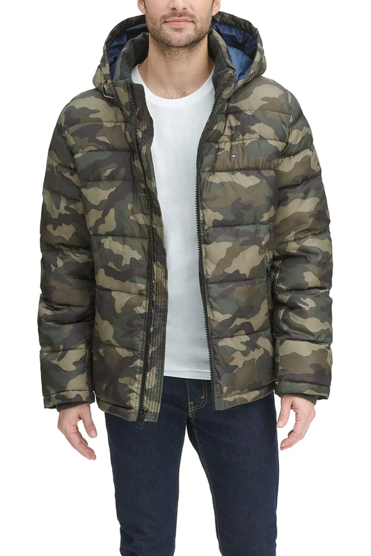 Tommy Hilfiger Men's Legacy Hooded Puffer Jacket Down Alternative Coat, New Camo, XL