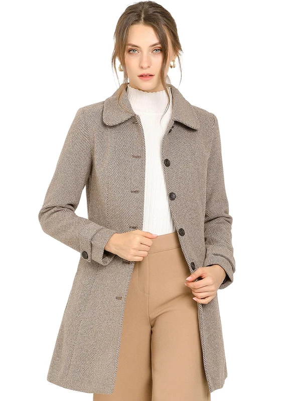 Allegra K Women's Peter Pan Collar Overcoat Single Breasted Pockets Winter Long Coat, Brown, S