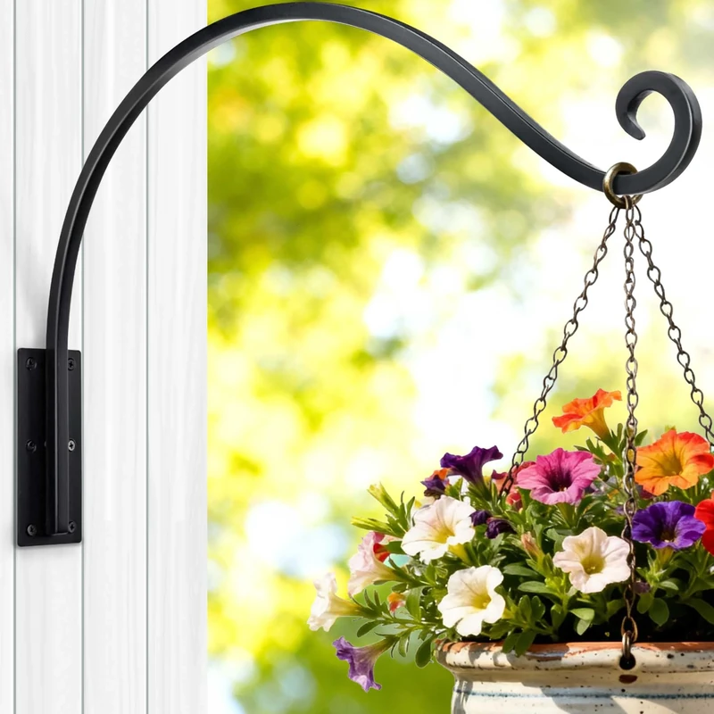 Hanging Basket Bracket ｜ Hand-Forged Heavy Duty Plant Hook Hanger (22"/Black) Durable and Stable Outdoor Plant Hanger, Hanging Plant Bracket