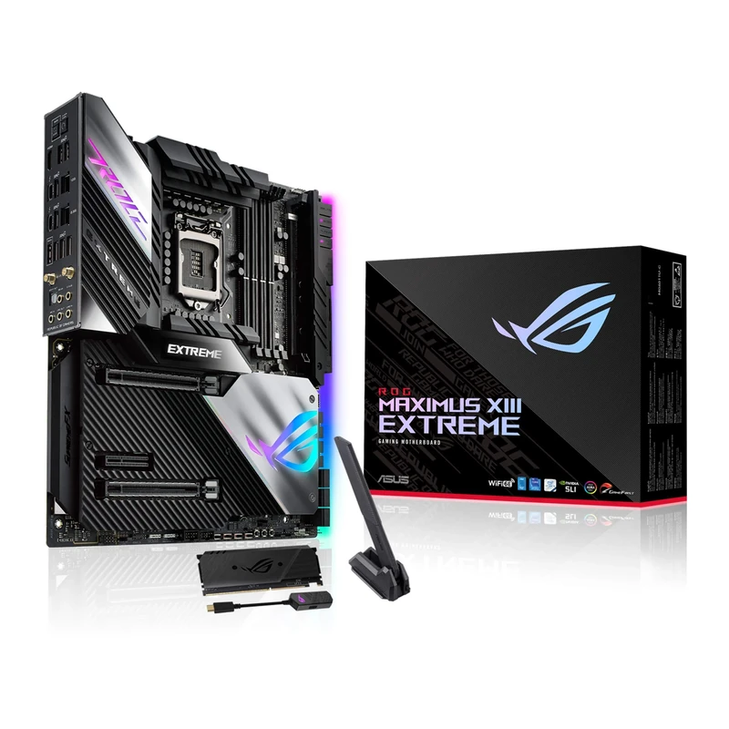 ROG Maximus XIII Extreme Intel Z590 EATX motherboard, 18+2 power stages, x5 M.2, front USB3.2 Gen 2x2, USB3.2 Gen 2, 2x Thunderbolt 4, 10Gb LAN & 2.5Gb LAN, PCIe 4.0, WiFi 6E (802.11ax), Aura Sync RGB - Image 1