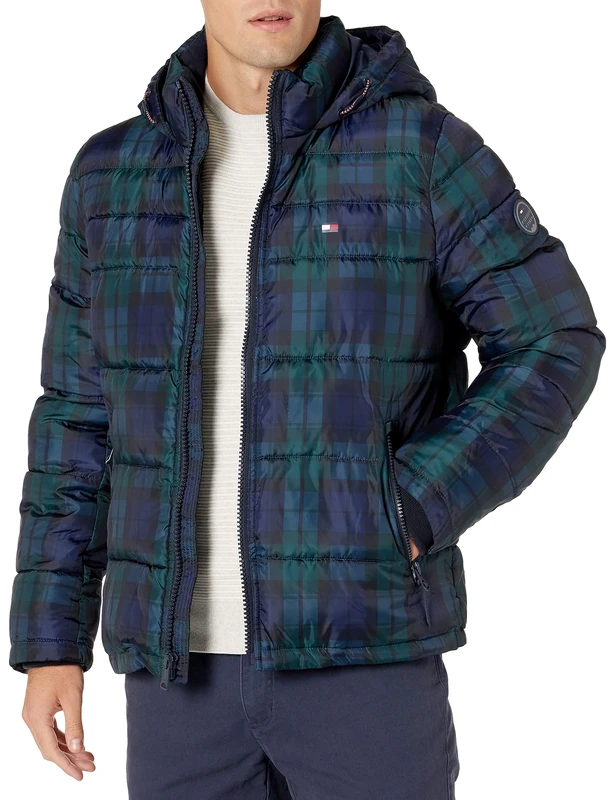 Tommy Hilfiger Men's Hooded Puffer Jacket Down Alternative Coat, Black Watch Plaid, M