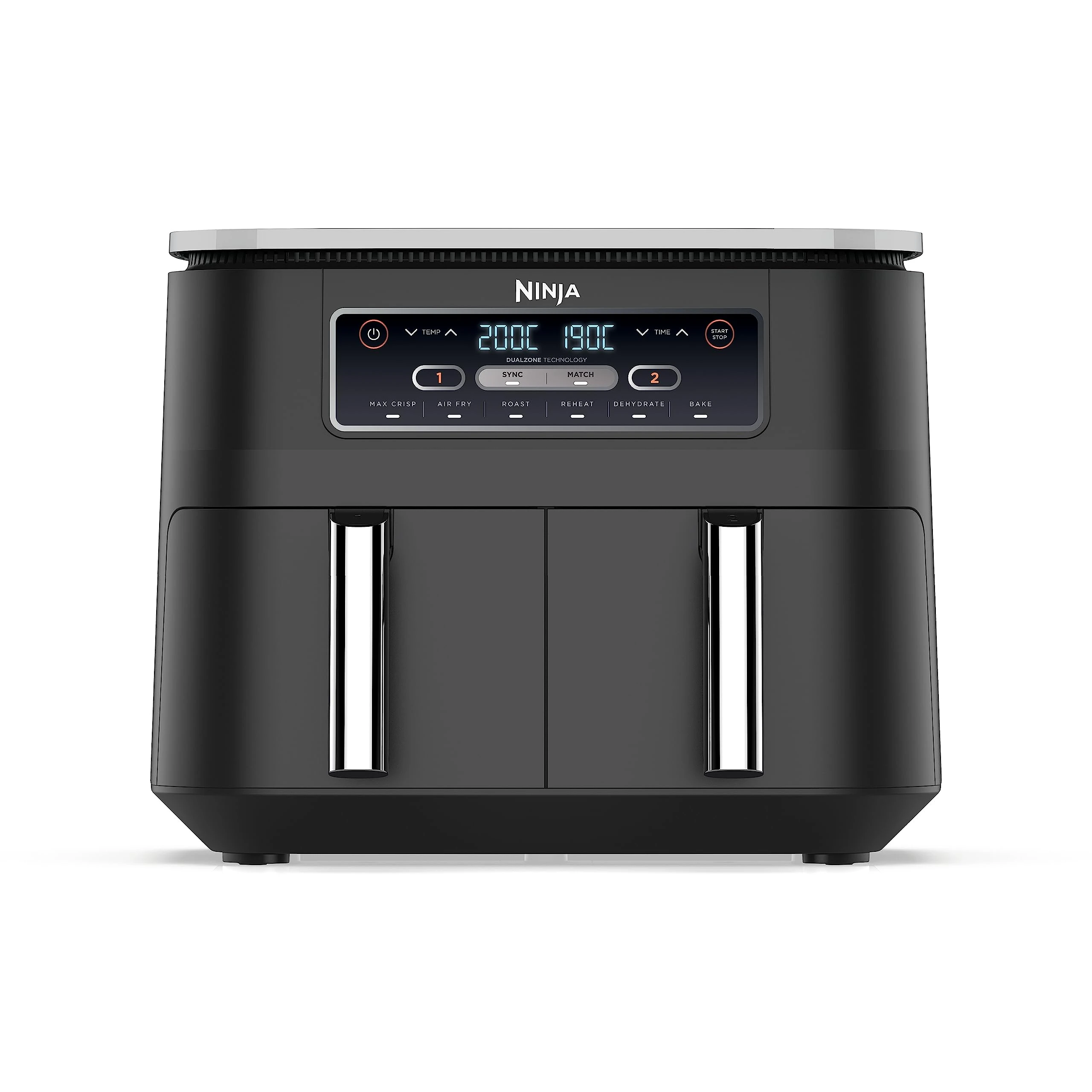 Ninja Foodi Dual Zone Digital Air Fryer, 2 Drawers, 7.6L, 6-in-1, Uses No Oil, Air Fry, Max Crisp, Roast, Bake, Reheat, Dehydrate, Cooks 4-6 Portions, Non-Stick, Dishwasher Safe Baskets, Black AF300UK