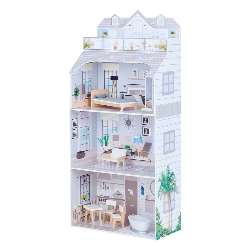 Olivia's Little World Deluxe 3-Story Wooden Doll House and 8-pc. Accessory Set for 12" Dolls, Grey/White